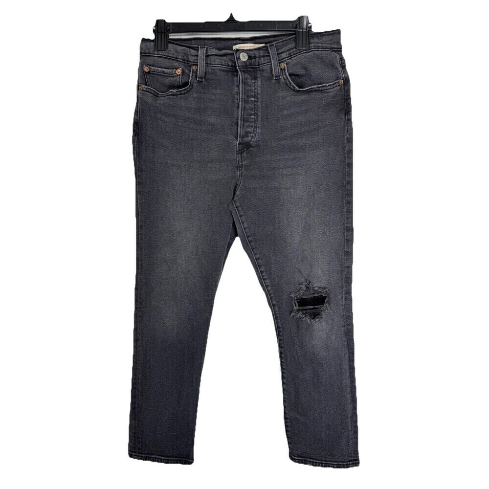 Levis Wedgie Straight Jeans Womens 31x28 Black Button Fly High Rise Distressed